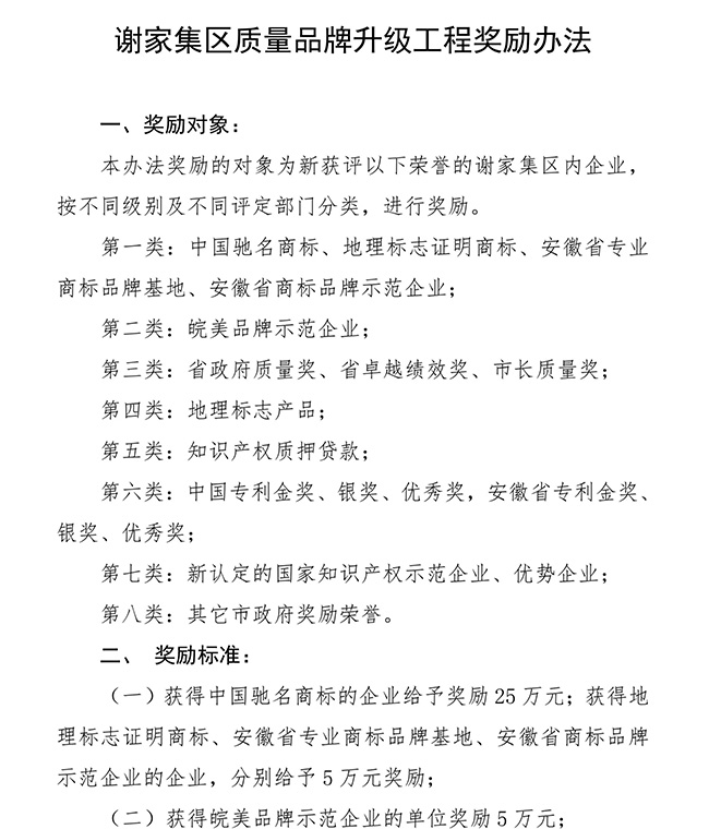 安徽省淮南市謝家集區(qū)質(zhì)量品牌（知識產(chǎn)權）升級工程獎勵辦法