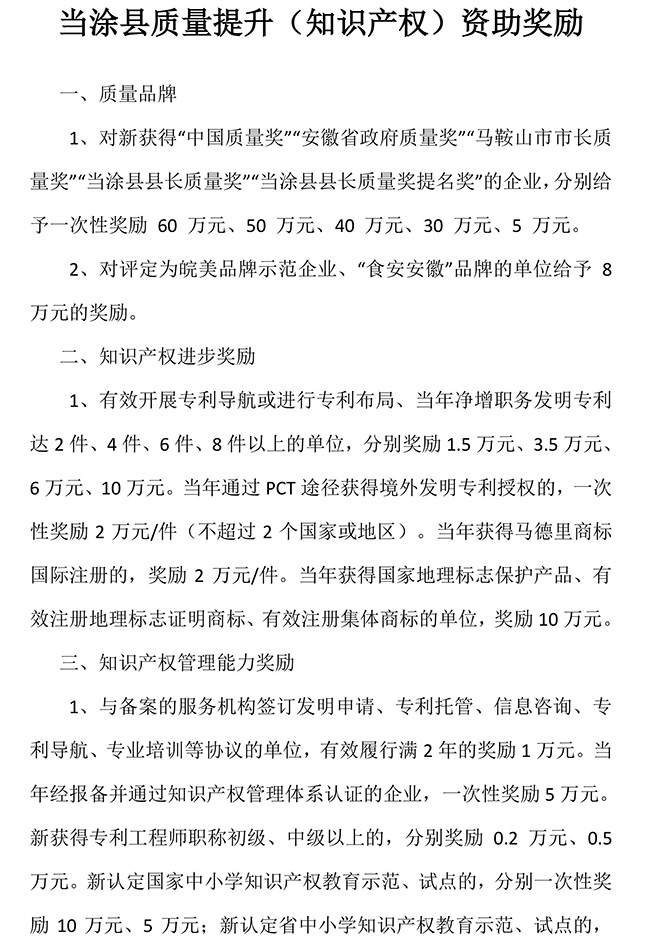 安徽省馬鞍山市當(dāng)涂縣質(zhì)量提升（知識(shí)產(chǎn)權(quán)）資助獎(jiǎng)勵(lì)