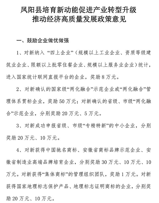 安徽省滁州市鳳陽縣培育新動能促進(jìn)產(chǎn)業(yè)轉(zhuǎn)型升級推動經(jīng)濟(jì)高質(zhì)量發(fā)展政策意見
